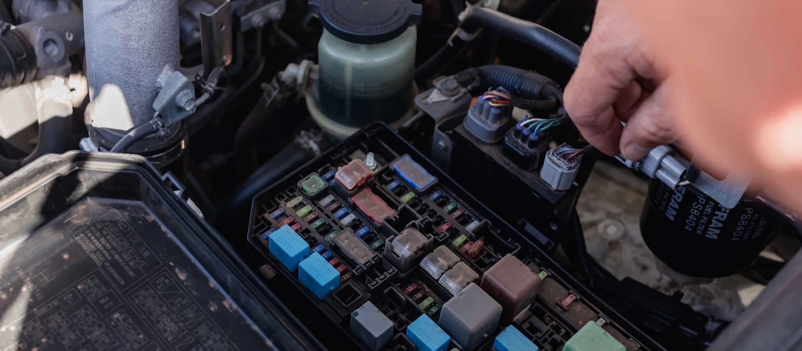 Auto electrician checking wiring in a car engine compartment